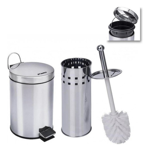 Kit Para Banheiro Lixeira 5l E Escova Sanitária Em Aço Inox