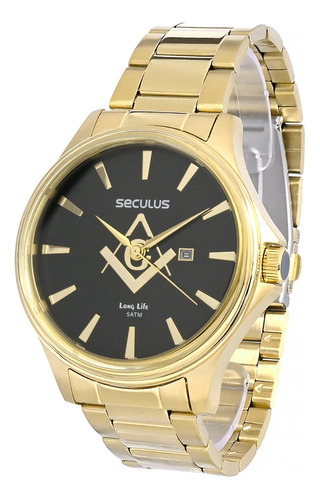 Relogio Seculus Masculino Dourado Long Life Maçonaria 44116 Cor do fundo Preto