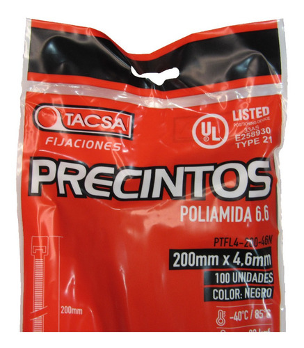 Precintos Tacsa Negros En Bolsa X 100 Unidades 200 X 4.6 Mm