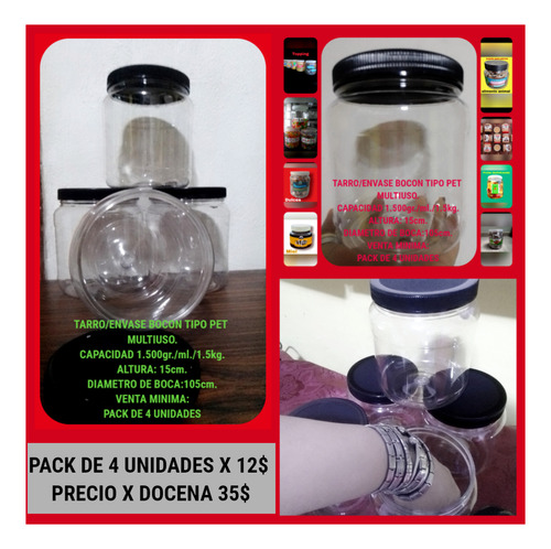 Envases Plásticos 1.5kg/1500gr/ml.tipo Pet Pack X 4 Unidades
