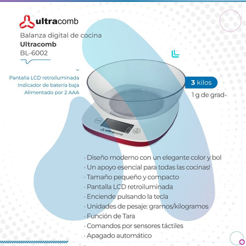 Imagen 2 de 8 de Balanza Digital Ultracomb De Cocina Con Bowl Bl-6002