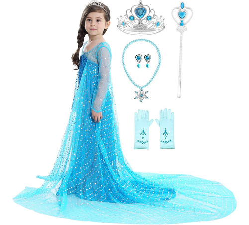 Disfraz Talla 7-8 Para Niñas De Princesa, Color Azul Con
