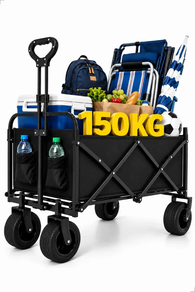 Carrinho Dobrável Multiuso 150kg Portatil 4 Rodas para Praia Camping Feira e Compras