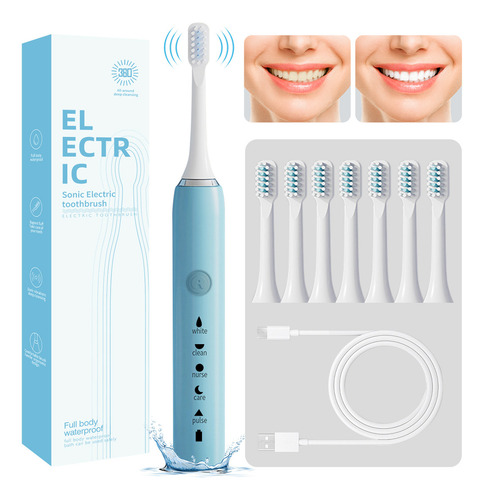 Vanance 5en1 Cepillo Dental Electrico Recargable 8 Cabezales Cepillo Electrico Protección Dientes Y Higiene Bucal Impermeable 5 Modo Cepillo Electrico Dental Sónico Colors Azul
