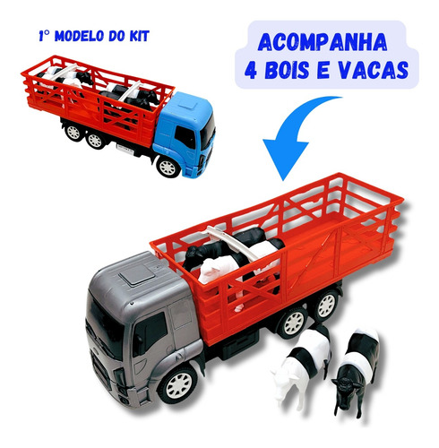 Kit 2 Caminhão + Trator Com Bois Vacas Brinquedo Presente