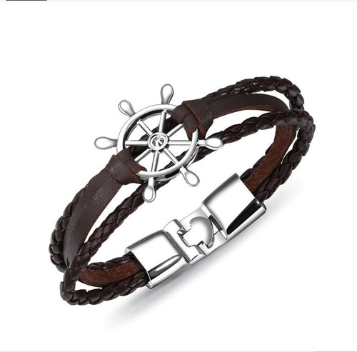 Pulsera Hombre Mujer Cuero Café Timón De Barco