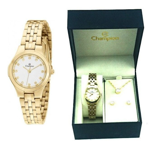 Kit Relógio Champion Feminino Cn25458w Colar Brincos Dourado