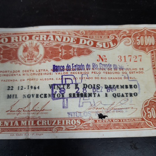 Cédula 50.000 Rio Grande Do Sul 1959 Paga Antiga Particular