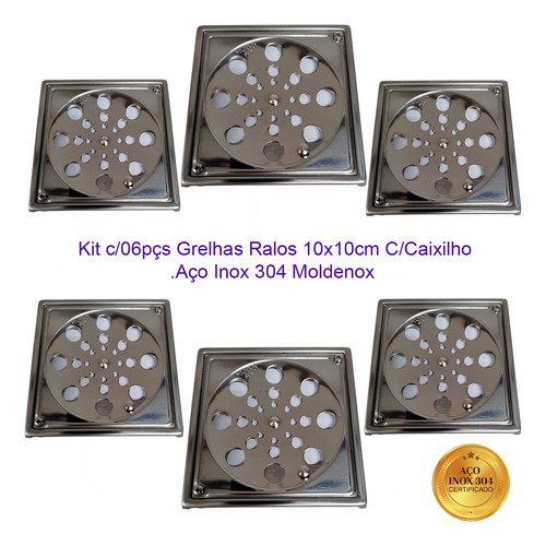 Kit 06 Grelha/ralo 15x15cm C/caixilho Aço Inox 304 Moldenox