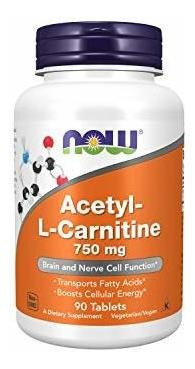 Now Suplementos, Acetil-l-carnitina 750 Mg, Aminoácido, Func