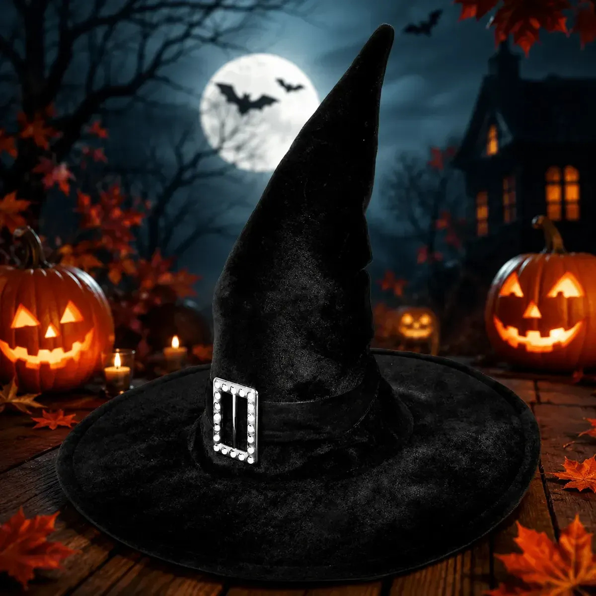Chapéu Bruxa Halloween Luxo em Veludo Preto Ideal para Festas, Cosplay, Eventos Temáticos e Decoração Assustadoramente Elegante Confortável, Estiloso e Perfeito para Arrasar