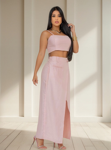 Conjunto Feminino Cropped E Saia Envelope, Tecido Sensorial