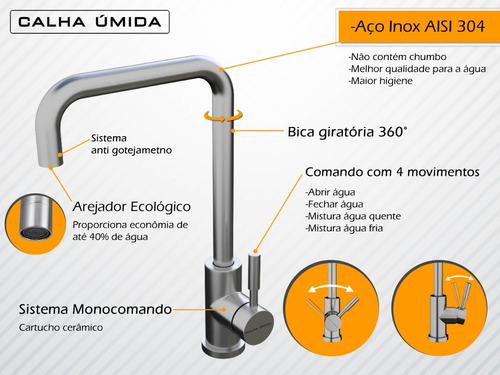 Imagem 2 de 6 de Torneira Misturador Monocomando Calha Úmida Inox Escovado