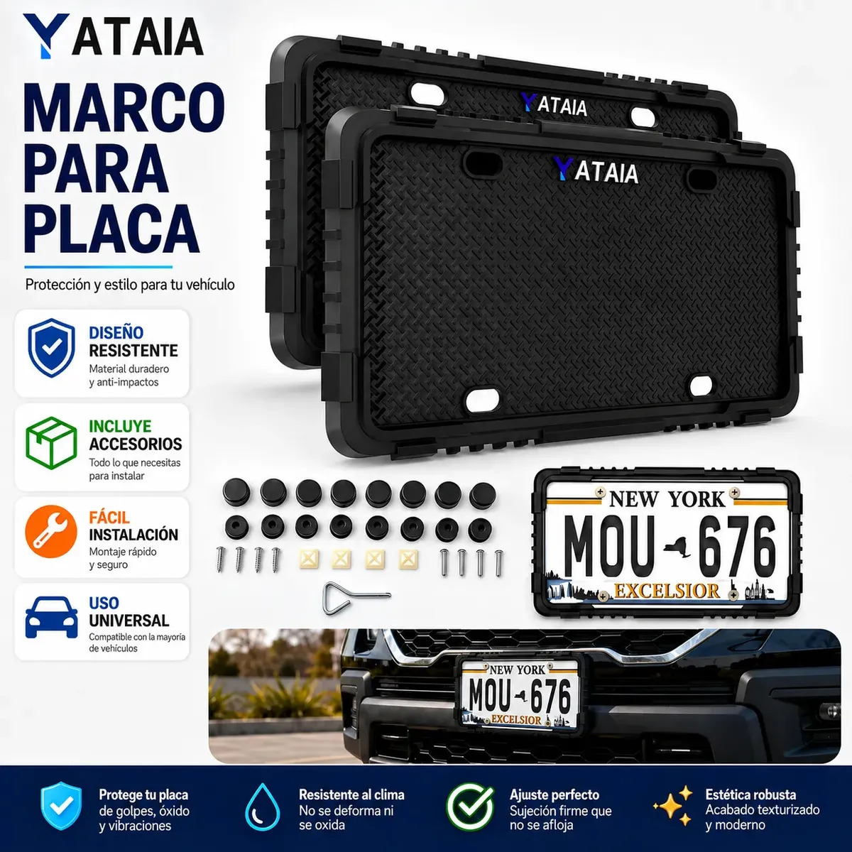 YATAIA 2 piezas Marco De Matrícula Silicona Coche Universal Negro Con Esquina Anticolisión, Juego Silicona Para Matrícula Coche, Para Portatarcos Delanteros Y Traseros A Prueba Óxido, Prueba Sonajero