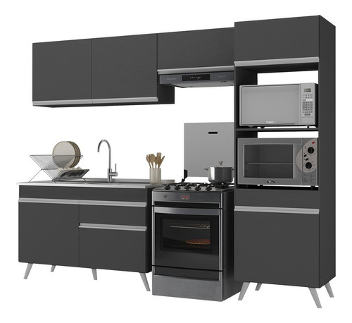 Armário De Cozinha Compacta 252cm Veneza Multimóveis V3693 Cor Preto/Branco