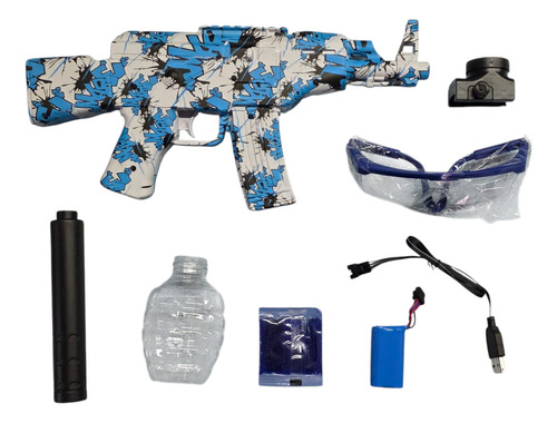 Pistola Ametralladora Juguete Balas Hidrogel Usb Mini Ak47 Azul