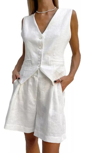 Conjunto De Chaleco Y Pantalones Cortos De Lino De 2 Piezas
