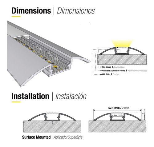 Perfil Aluminio Curvo Para Cinta Led 52x8mm Cover Opal Luz No Aplica