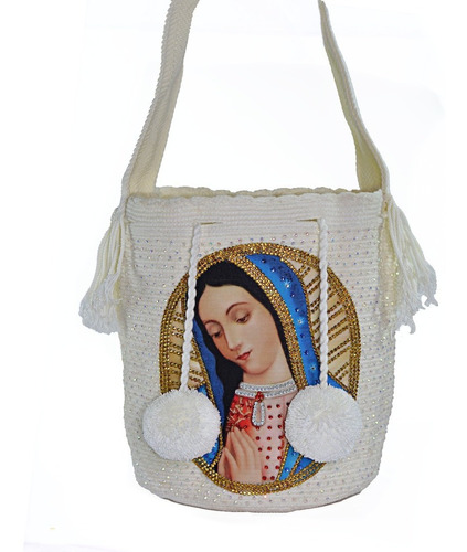 Mochila Wayuu Original Decorada Especial Virgen + Regalo