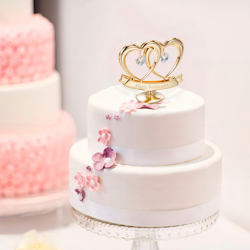 Hermosa Mesa Feliz Aniversario Con Doble Corazón Bañada En Oro De 24 Quilates, Hecha Con Auténticos Cristales De Matashi