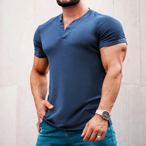 N Playera Henley Casual Manga Corta Con Botones Para Hombre