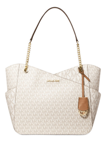 Bolsa tote Michael Kors Jet Set Large  design monograma de lona e poliéster e poliuretano  vanilla alças de cor marrom e chain e ferragens ouro