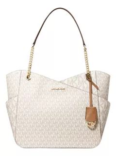 Bolsa tote Michael Kors Jet Set Large diseño monograma de lona y poliéster y poliuretano vanilla asas color marrón y cadena y herrajes oro