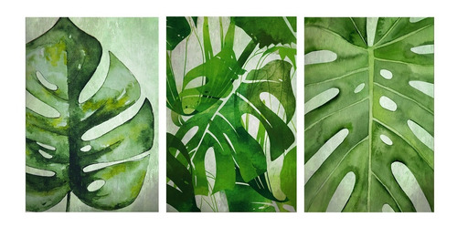 Kit 3 Quadros Decorativos 60x40cm Floral Folhagem Verde R2