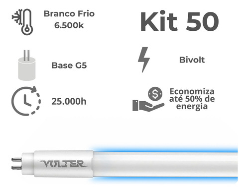 Kit 50 Lâmpada Led Tubular Volter 18w T5 115cm G5 127/220V Branco Frio 6500k 2000lm