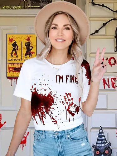 I'm Fine Bloody Shirt Blood Bloodstained Splatter Halloween Tshirt Blood Stain Hand Shirt Sarcastic Humor Saying Tee Shirts A-white Xl
