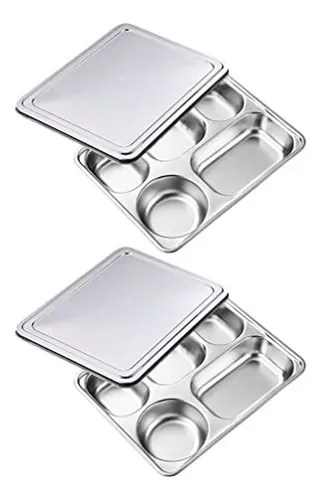 Juego De 2 Bandejas De Acero Inoxidable Con Tapa Para Comida