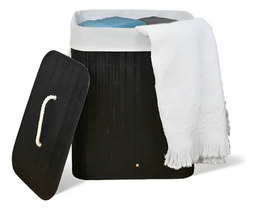 Cesto De Roupa Suja De Bambu Com Tampa E Alças 50 Litros Preto