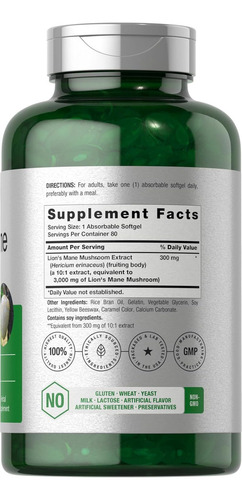 Lion's Mane Hongo Melena de Leon 3000mg 300 mg extracto 10:1 x softgel 80 Softgels Calidad Horbaach