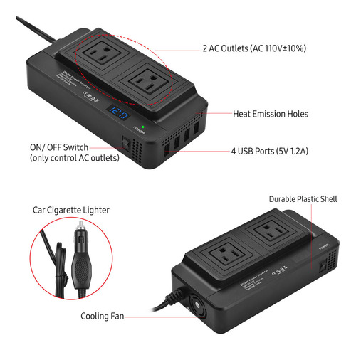 Inversor De Corriente Para Coche De 200 W, Convertidor Dc 12