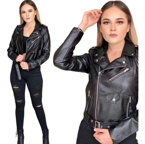 Chamarra Biker Mujer Chaqueta Vinipiel Corta Tacto Piel