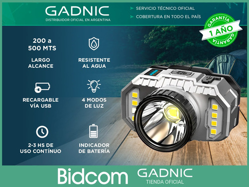 Imagen 2 de 10 de Linterna Minero Led Cabeza Gadnic Vincha Batería Recargable