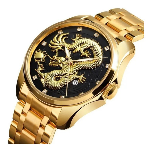 Relógio Executivo Masculino Skmei 9193 Dragão Dourado Preto