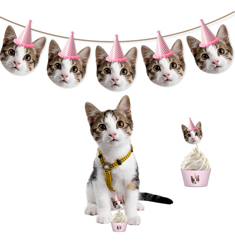 Kit Imprimible Cumple Gatos Personalizado Guirnalda Topper 