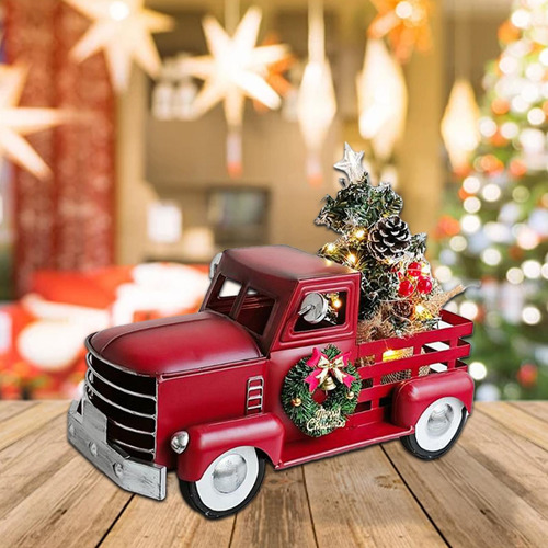 Camión Rojo Con Árbol De Navidad, Coche Antiguo De Metal,