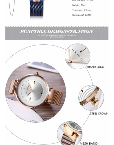 Reloj Pulsera Para Mujer Mini Focus Acero Inoxidable Elegant