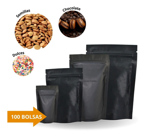 100 Bolsa Stand Up Pouch Con Cierre Negro Mate De 40 Grs