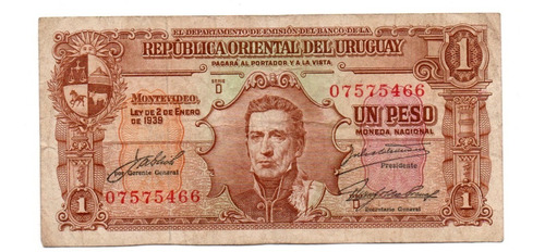 Uruguay Billete 1 Peso Moneda Nacional Año 1939 P#35c