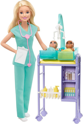 Barbie  Doctora Con Muñeca Rubia, 2 Muñecas De Bebé, Mesa