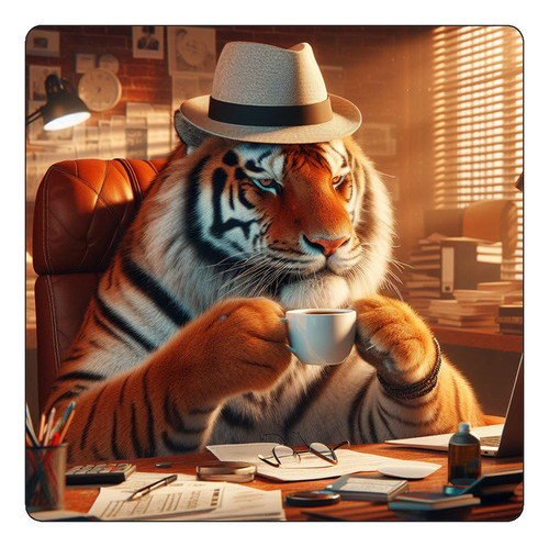 Mousepad Tigre Oficina Con Cafe Pensando Trabajo