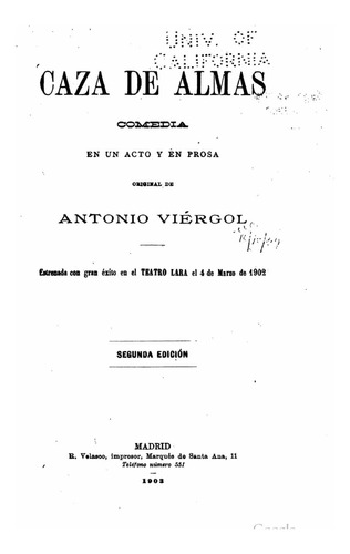 Libro: Caza Almas, Comedia Un Acto Y Prosa (spanish