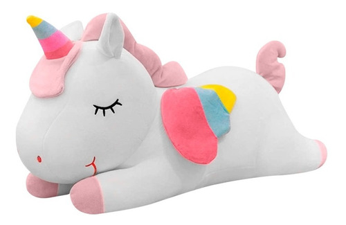 Unicornio De Peluche Acostado Con Alas Arcoiris Chico 42 Cm Color Blanco