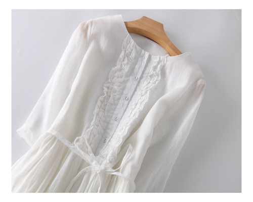 Vestido Vintage De Mujer Algodón Y Lino Con Cuello Redondo
