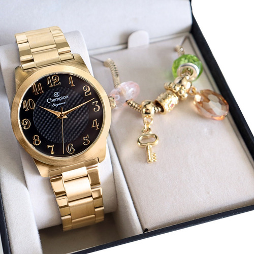 Relógio Champion Feminino Dourado Cn26028w Kit Colar Brincos