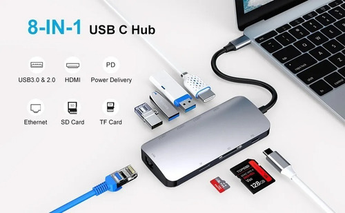 Hub USB C, 8 en 1, Rj45 Gigabit, USB 3.0, 4k en Hdmi