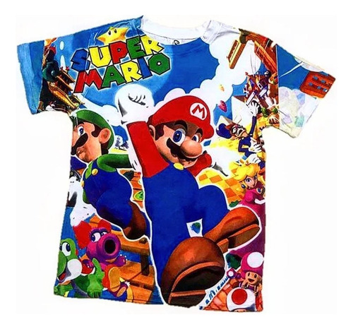 Camiseta Niño Estilo Super Mario Bross Y Luigi Verde Con Azu